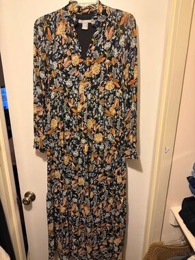 Lucky Brand Navy Floral Maxi Dress with Mustard and Light Blue Flowers